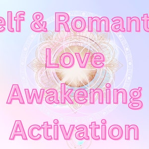 Peut inclure: Texte rose sur un fond violet clair avec un motif de mandala au centre. Le texte dit "Self & Romantic Love Awakening Activation".