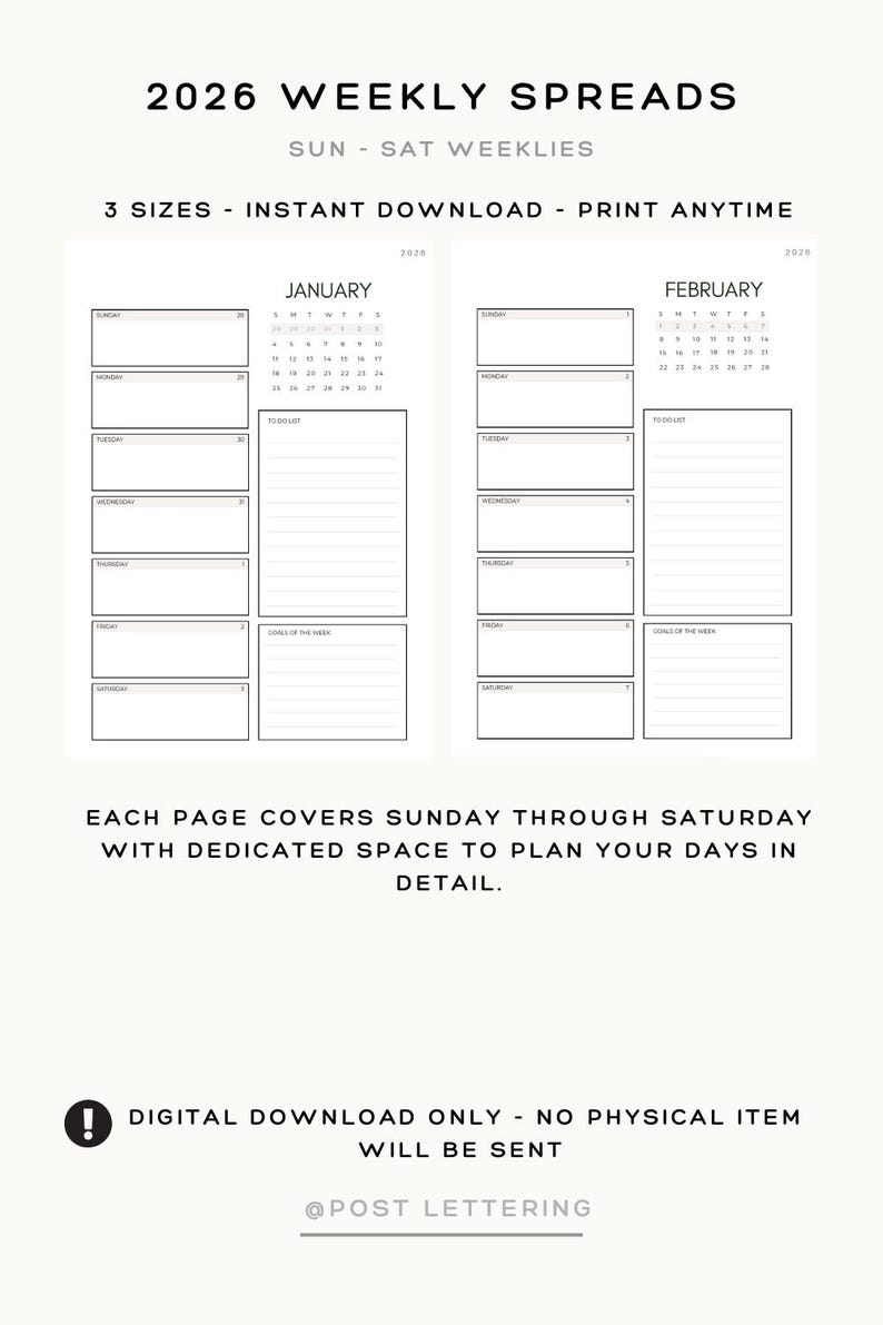 2026 Weekly Planner Printable | Sunday to Saturday Layout | Minimalist ...