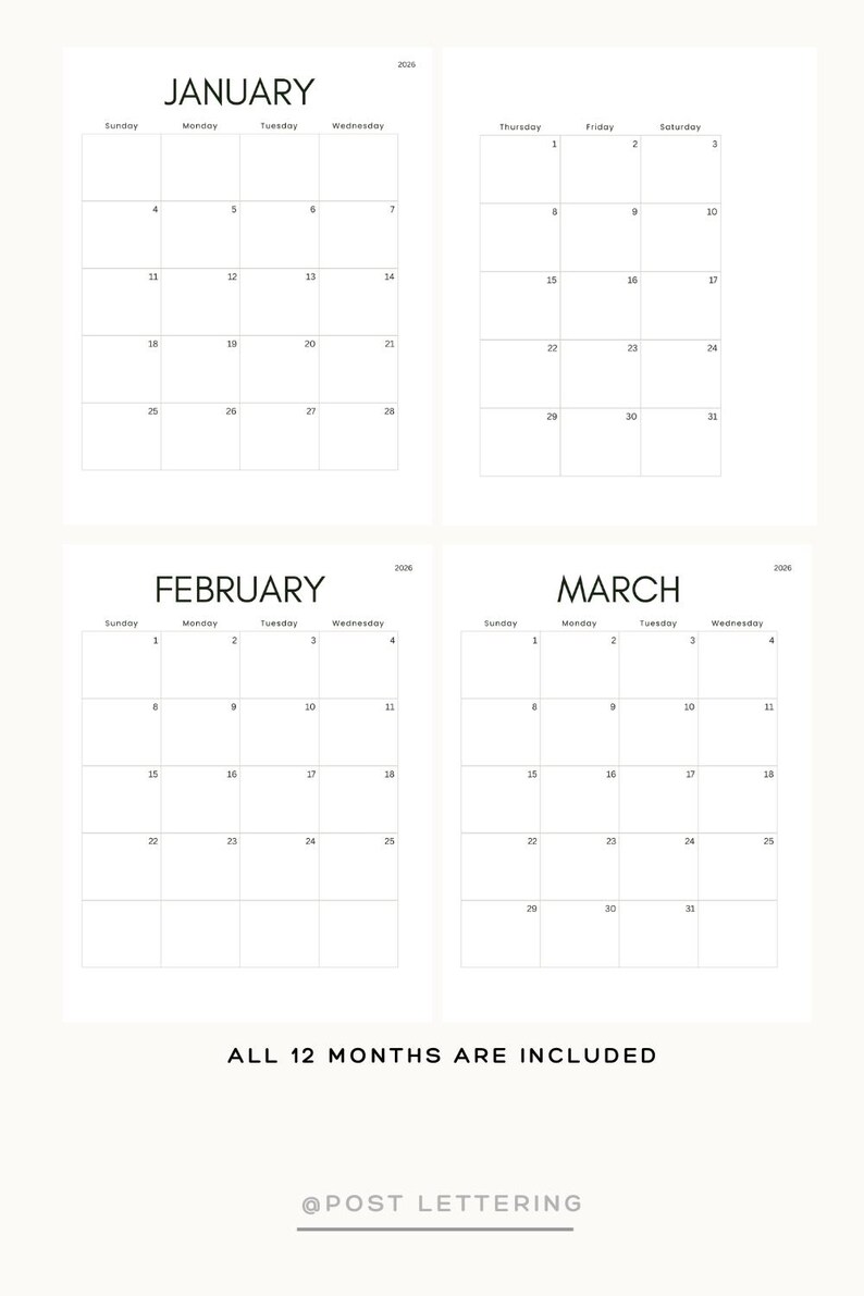 Agenda mensuel 2026 à imprimer | Spreads mensuels minimalistes PDF ...