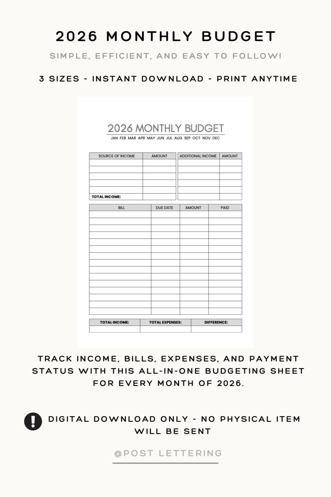 2026 Monthly Budget Planner Printable | Finance Tracker PDF | Expense ...