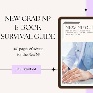 May include: A digital tablet displaying a guide for new nurse practitioners. The guide is titled "New NP Guide" and includes the text "Step by step advice and support for the transition from RN to NP". The tablet is on a light purple background.
