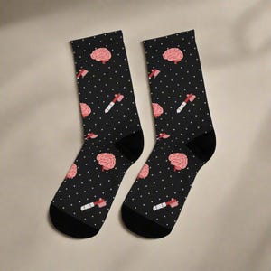 Black Brain and reflex hammer white socks, Neurology, Neurologist socks, Neurosurgery, Brain