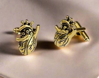 Anatomical Heart Gold Cufflinks, Cardiology Gift