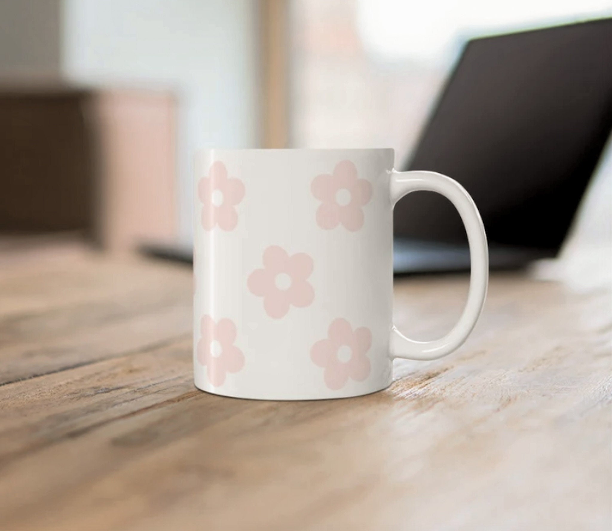 Pink Flowers Ceramic Mug, Cute Floral Mug Cup 11oz, Kawaii Flower Mug Gift,  Pastel Pink Flower Drinkware, Aesthetic Tea or Coffee Mug 