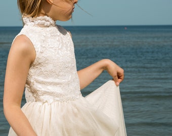 Lace Flower Girl Dress, Ivory Tutu Skirt, Baptism Dress, Rustic Flower Girl Dress, Christening dress, Tulle Dress, Junior Bridesmaid Dress