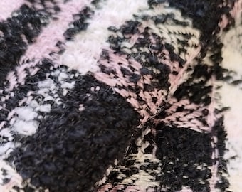 Tweedstoffen, zwart, wit en roze gebreide tweedstof, jas Boucle-stoffen, wollen stof, halve meter stof, geweven tweed