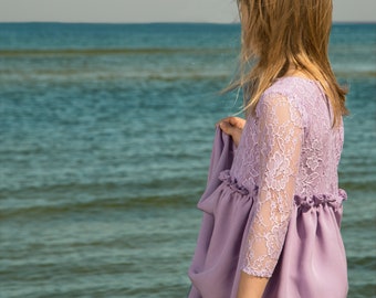 Violet Lace Flower Girl Dress, Lavender Rustic Flower Girl Dress, Boho Lace Flower Girl Dress, Lace Top Flower Girl Dress