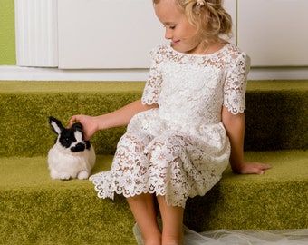 Lace Flower Girl Dress, Ivory Rustic Flower Girl Dress, Boho Lace Flower Girl Dress, Mid Sleeve Lace Flower Girl Dress
