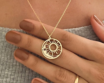 Dainty Sun and Moon Necklace: 14k Gold Celestial Pendant