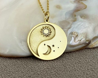 14K Solid Gold Yin Yang Necklace: Sun and Moon Tai Chi Yoga Jewelry