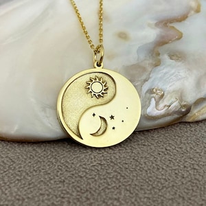14K Solid Gold Yin Yang Necklace: Sun and Moon Tai Chi Yoga Jewelry