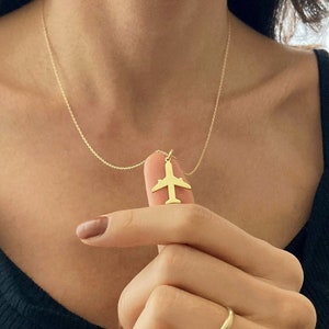 14K Solid Gold Airplane Necklace, Plane Silhouette Necklace, Gold Aviation Necklace, Pilot Necklace, Flight Attendant Gift, Gift for Her