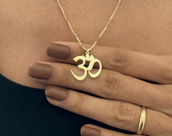 14K Solid Gold Om Necklace, Spiritual Gift For Women, Valentine Day Gift, Yoga Teacher Gift, Box Chain Necklace with Om Pendant, Great Gifts