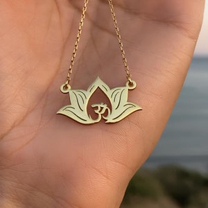14K Solid Gold Lotus Om Pendant Necklace: Spiritual Jewelry Gift
