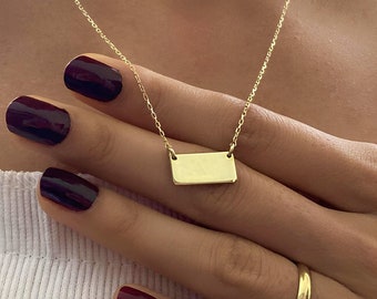 14K Solid Gold Horizontal Bar Necklace: Sterling Silver Personalized Engraved Jewelry Gift