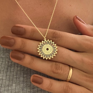 14K Gold Sonnenblume Halskette, Minimalist Blume Halskette, Weihnachtsgeschenk, Natur inspiriert Schmuck, Zierliche Blumen Anhänger, Halskette für jeden Tag