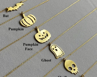 Gothic Pendant Necklace, Halloween Jewelry for Women, Tiny Bat Necklace, Gold Pumpkin Necklace, Jack O Lantern Necklace, Witch Hat Necklace