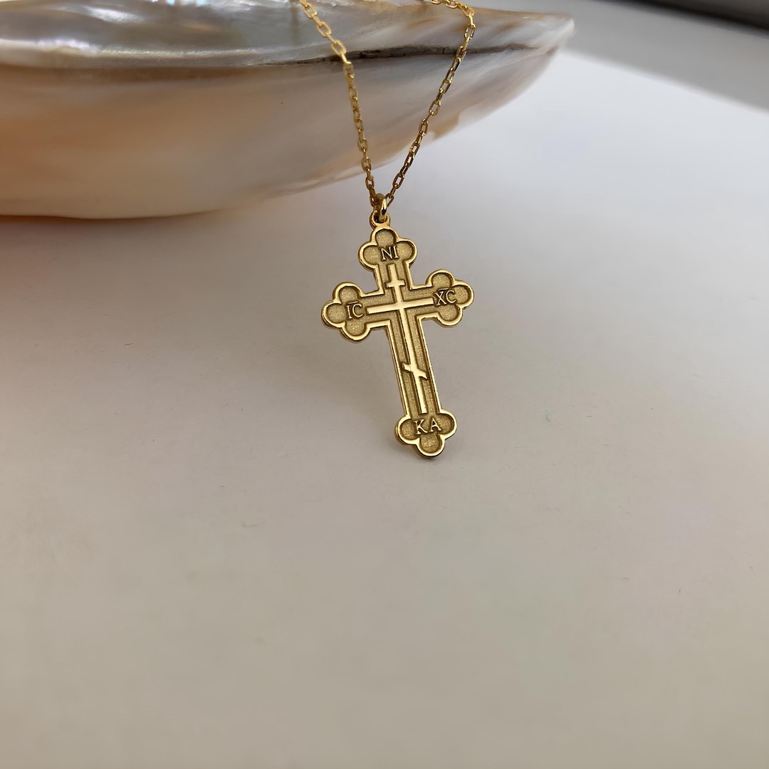 14k Gold Cross Necklace - Orthodox Design Gold Cross - Solid Chain - LE0124