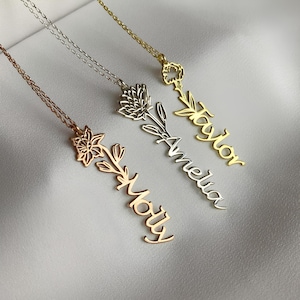 14K Gold Birth Flower Name Necklace: Personalized Vertical Jewelry