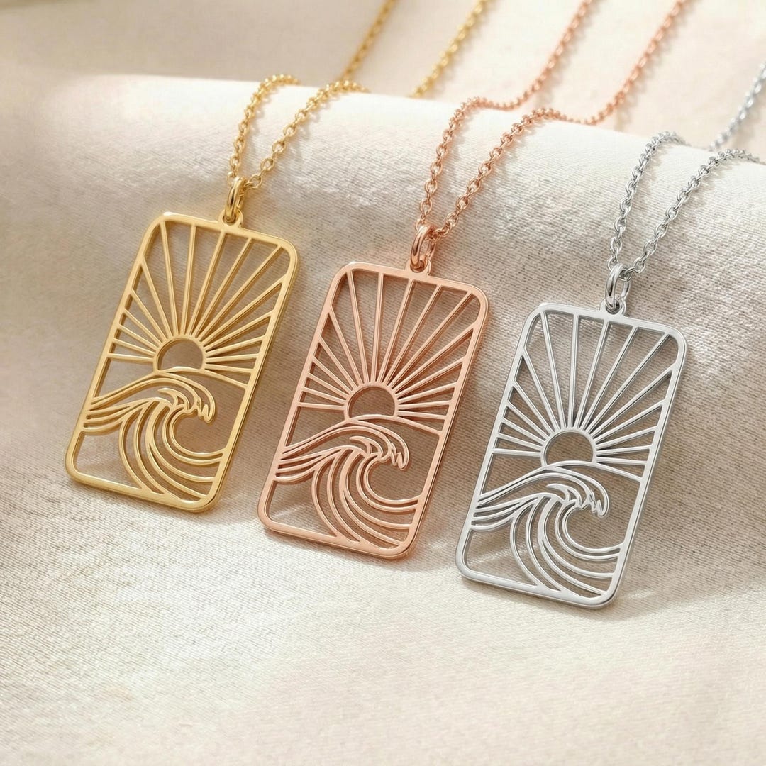 14K Solid Gold Sun and Wave Necklace: Sterling Silver Nautical Summer ...