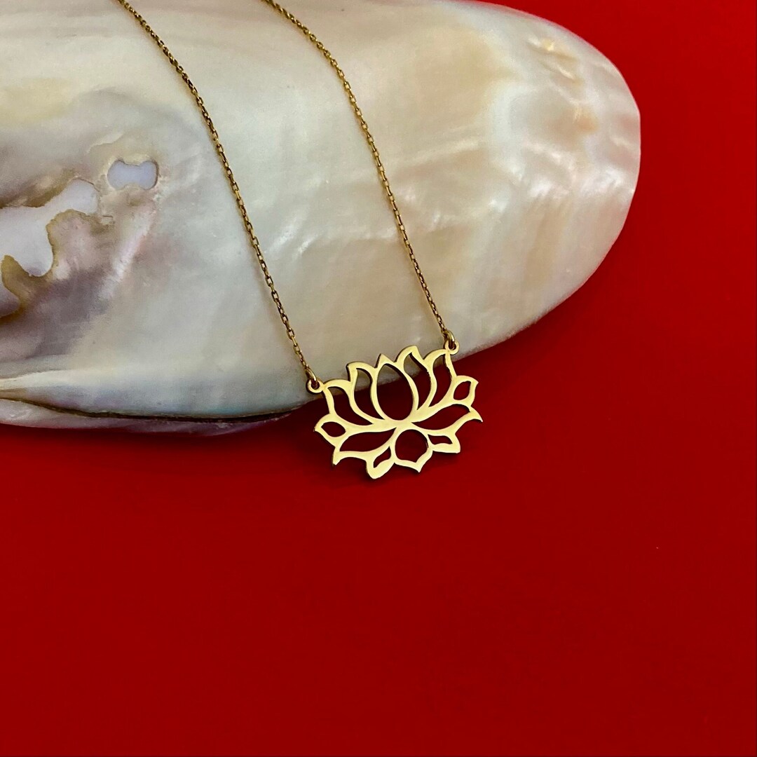 14K Solid Gold Lotus Charm Necklace Bohemian Necklace Etsy