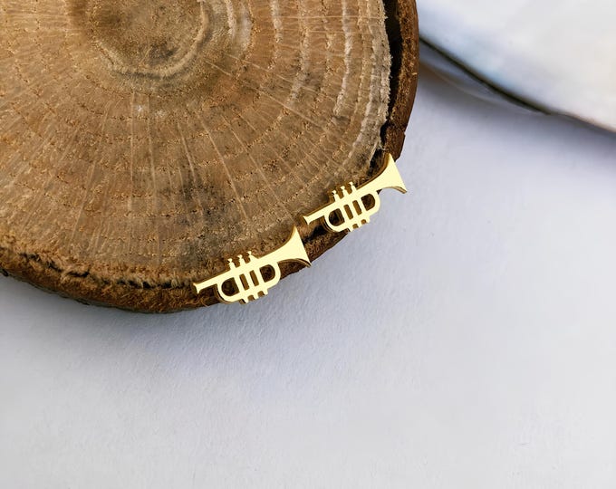 14K Gold Trumpet Stud Earrings: Music Lover Jewelry, Unique Jazz Band Inspired Jewelry