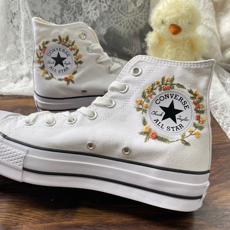 Flower Embroidered Converse Hightops/converse With 4CM Sole Etsy