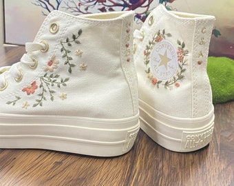 Wedding sneakers/ Valentine Gift/Embroidered Wedding Flowers  Shoes High platform  4CM/Wedding Converse Converse Embroidered Flowers