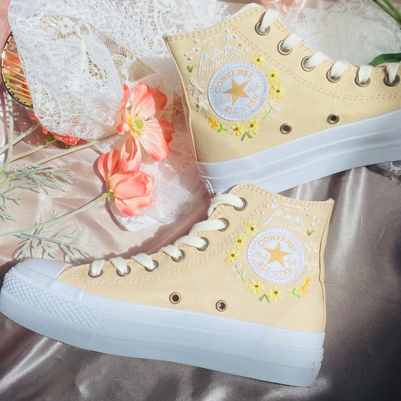 Flower Embroidered Converse High-tops/converse With 4CM Sole - Etsy
