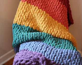Rainbow Hand Knit Chunky Blanket - VALENTINES DAY SALE - gift idea cozy soft colorful baby adult teen home couch arm chair bedding lap throw