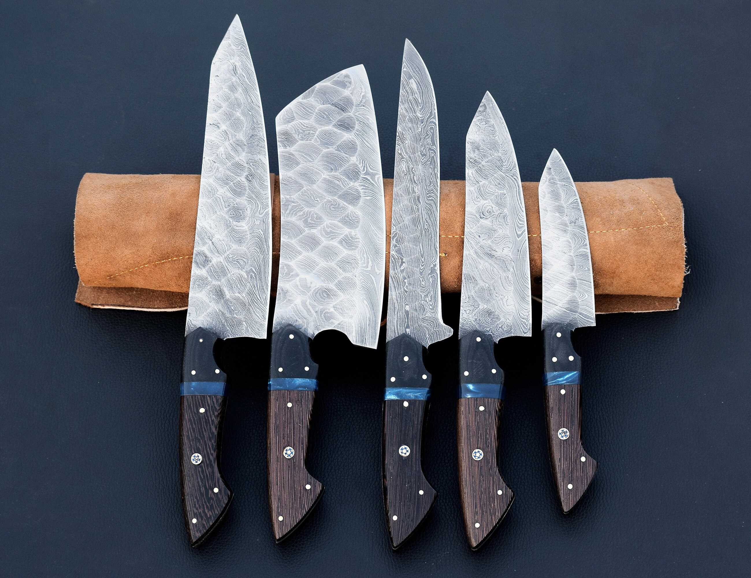 Personalized Custom Handmade Damascus Pink Chef Knife Set of 5pcs With