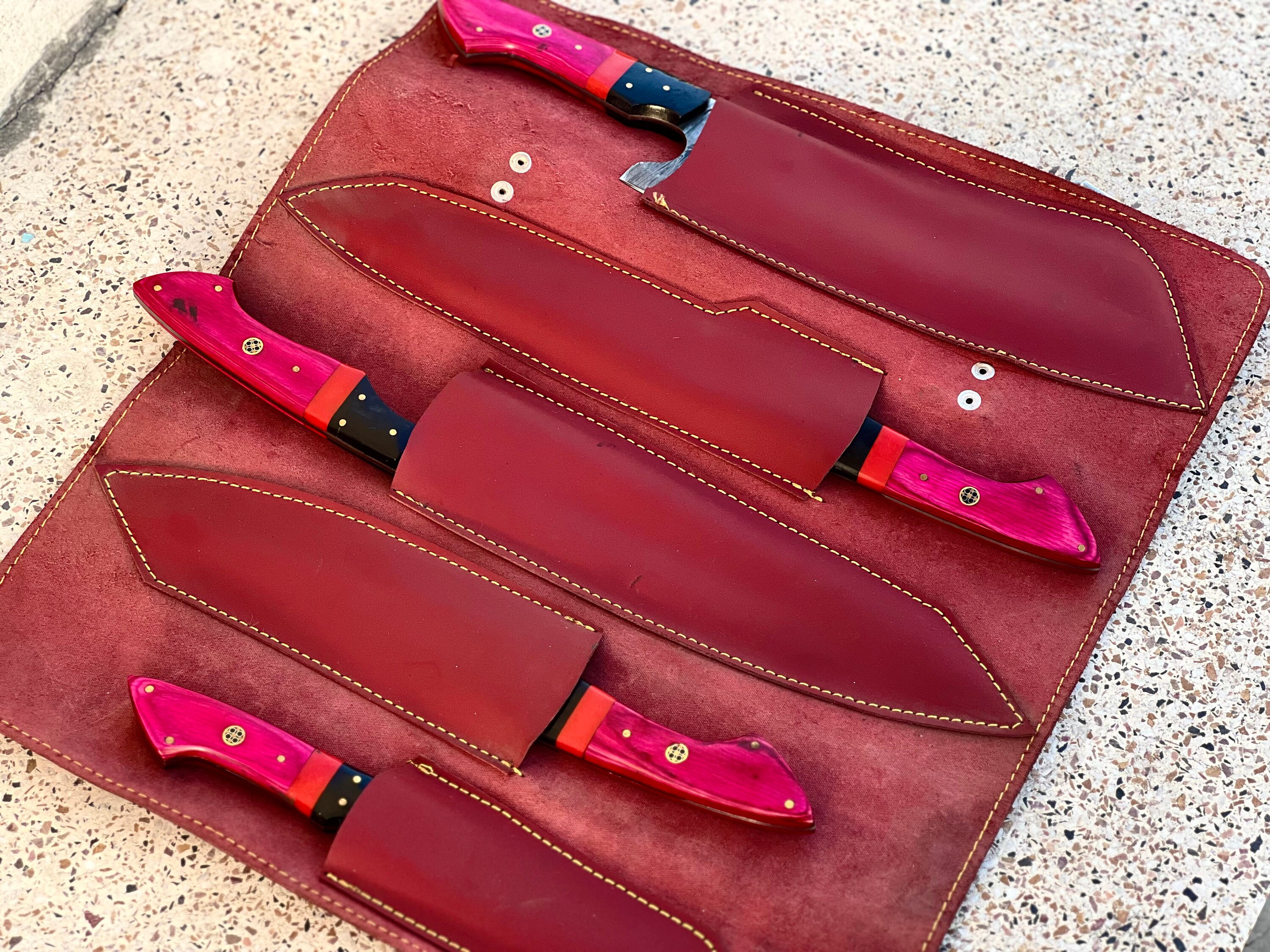 Personalized Custom Handmade Damascus Pink Chef Knife Set of 5pcs With