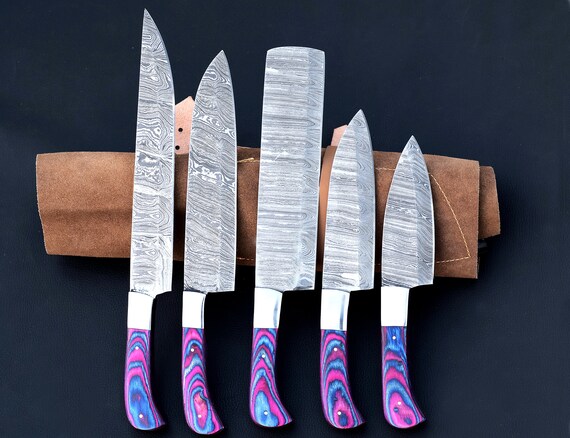 Damascus Chef Set of 5pcs With Leather Cover Handmade, Pink Purple Set,  Damascus Knife Set, Kitchen Knives Set, Birthday& Anniversary Gift 