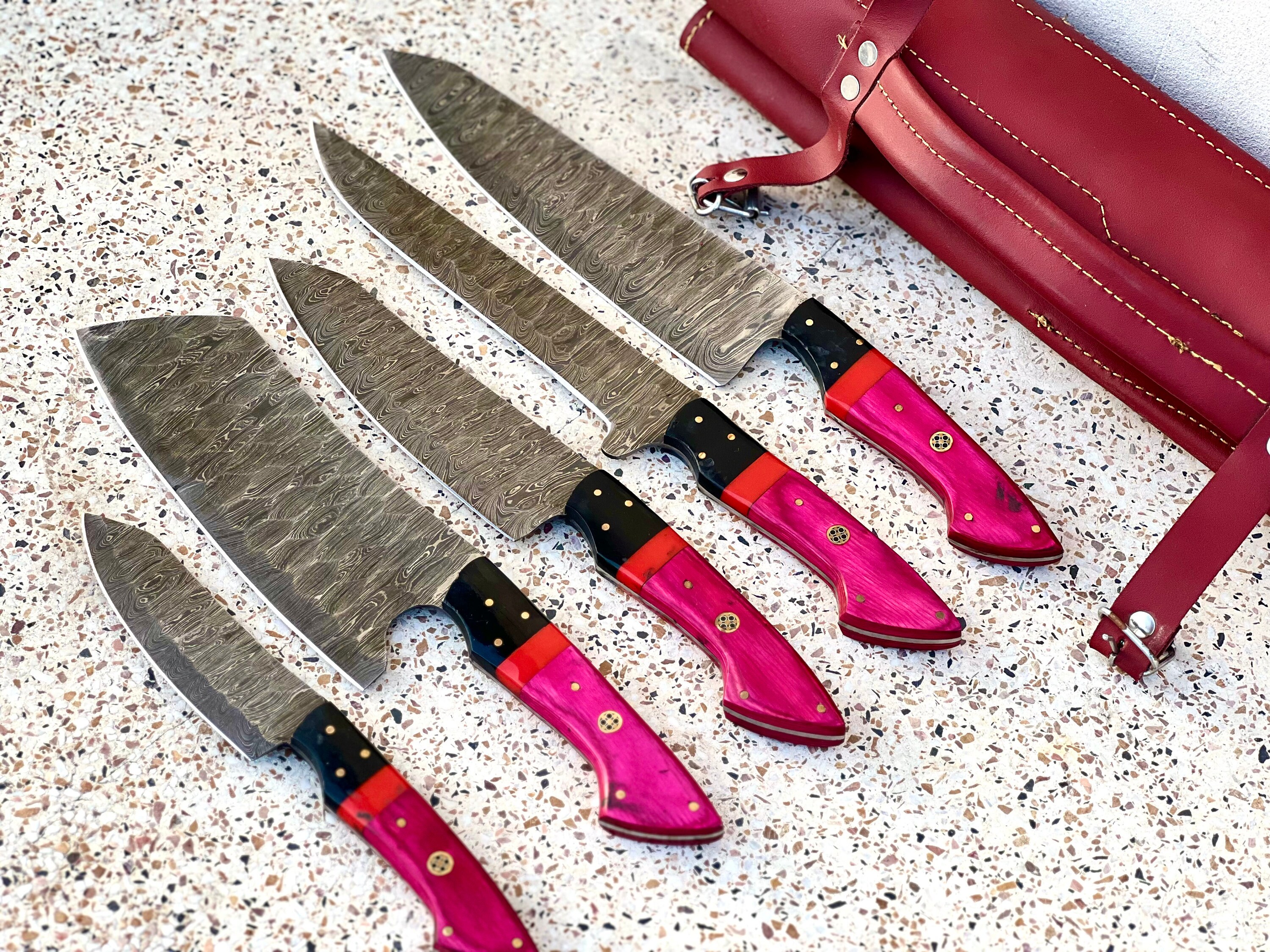 Personalized Custom Handmade Damascus Pink Chef Knife Set of 5pcs With