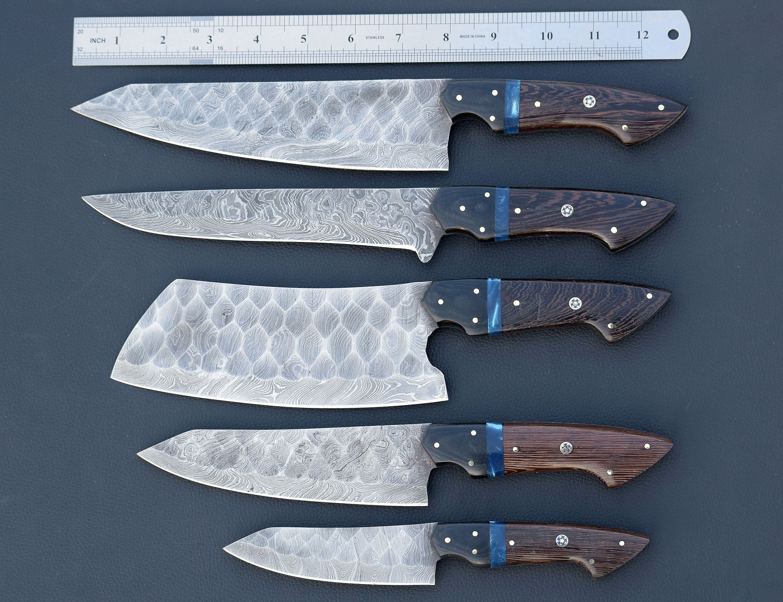 Personalized Custom Handmade Damascus Pink Chef Knife Set of 5pcs With
