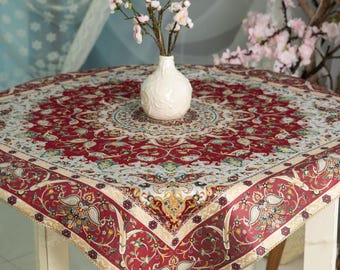 Silk Persian Termeh Tablecloth: Red Floral Paisley Decor (100x100cm)
