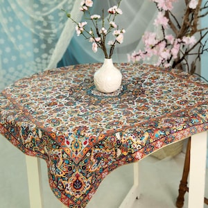 Silk Blend Persian Tablecloth: Rainbow Floral Home Decor (100x100 cm)