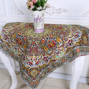 Floral Paisley Persian Termeh Tablecloth: Colorful Silk Square Tablecloth (100x100 cm)