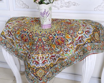 Floral Paisley Persian Termeh Tablecloth: Colorful Silk Square Tablecloth (100x100 cm)