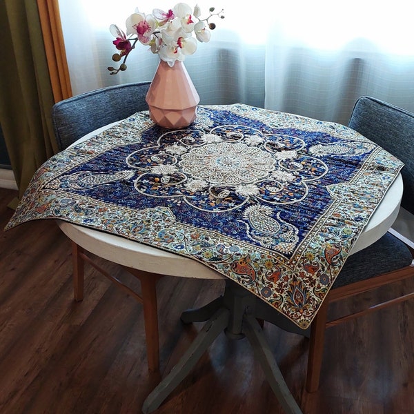 Luxurious Handmade Persian Termeh Tablecloth Adorned with Bead Embroidery Art| Traditional Blue Persian Termeh Design Tablecloth