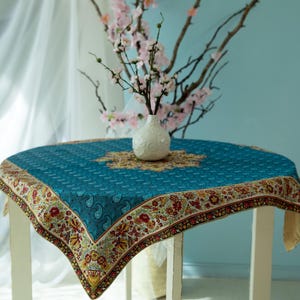 Silk Persian Tablecloth: Paisley Floral Design, Blue Square (100x100 cm)