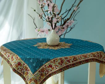 Silk Persian Tablecloth: Paisley Floral Design, Blue Square (100x100 cm)