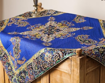 Dark Blue Persian Termeh Silk Tablecloth: Paisley Floral Design