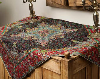 Black Silk Persian Tablecloth: Paisley Floral Design, Persian Home Decor