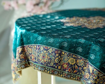 Silk Persian Termeh Tablecloth: Emerald Green & Gold Medallion (100x100 cm)