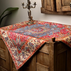 Persian Termeh Tablecloth: Red & Blue Silk Blend (100x100 cm)