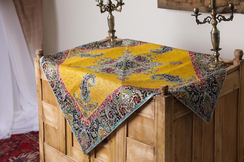 100*100 (cm) Persian Yellow Traditional Termeh Tablecloth Woven With Silk Fabric | Square Tablecloth With Floral And Paisley Design