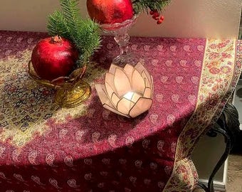 Purple & Red Persian Termeh Tablecloth: Silk Floral Paisley Design (100x100 cm)