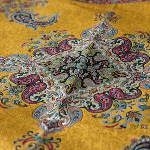100*100 (cm) Persian Yellow Traditional Termeh Tablecloth Woven With Silk Fabric | Square Tablecloth With Floral And Paisley Design