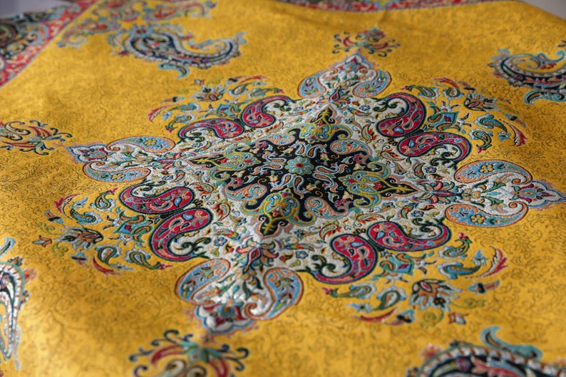 100*100 (cm) Persian Yellow Traditional Termeh Tablecloth Woven With Silk Fabric | Square Tablecloth With Floral And Paisley Design